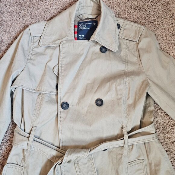 American Eagle Outfitters Trench Coat Womens Med Beige Double Breasted Belted - Picture 12 of 16